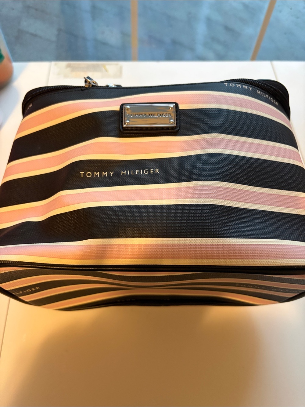 Tommy Hilfiger Black, Pink & Cream Striped Cosmetic Case